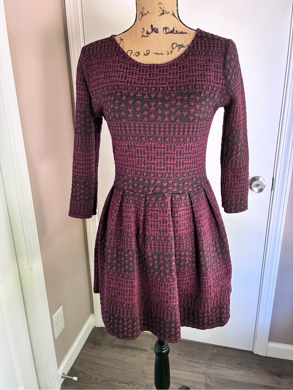 Pull&Bear Burgundy and Black Textured Fit-and-Flare Dress